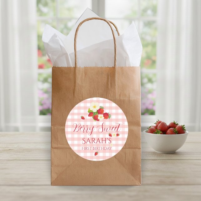 Berry Sweet Strawberry Favor Gift 1st Birthday  Classic Round Sticker (Berry Sweet Strawberry Favor Gift 1st Birthday Classic Round Sticker)