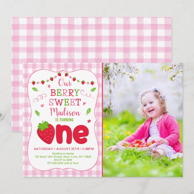 Berry Sweet Strawberry First Birthday Invitation (Front/Back)