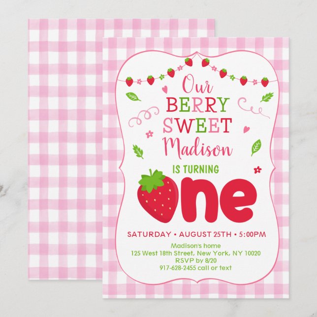 Berry Sweet Strawberry First Birthday Invitation (Front/Back)