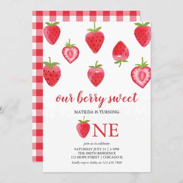 Berry Sweet Strawberry First Birthday Invitation (Front/Back)