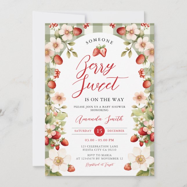 Berry Sweet Strawberry Gingham Floral Baby Shower Invitation (Front)