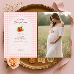 Berry Sweet Strawberry Gingham Photo Baby Shower Invitation