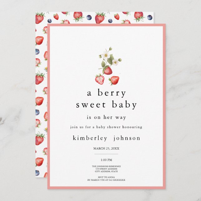 Berry Sweet Strawberry Girl Baby Shower Invitation (Front/Back)