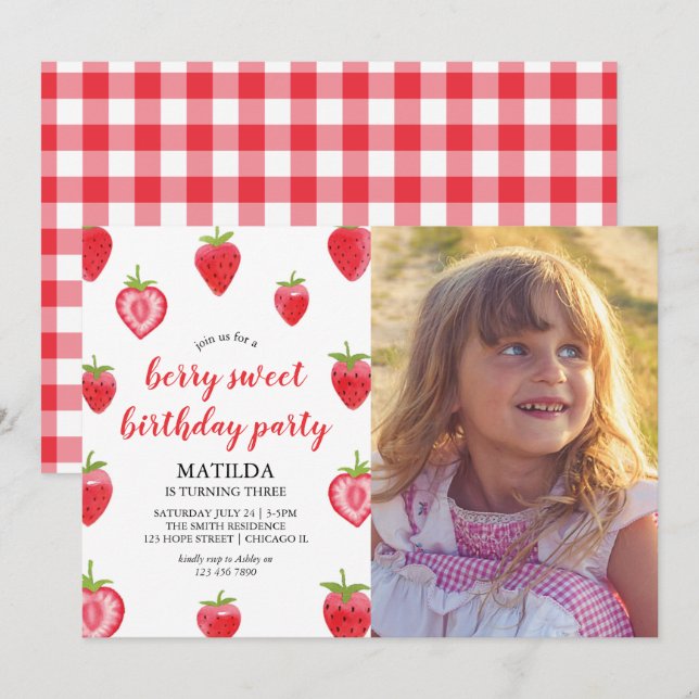 Berry Sweet Strawberry Girl Birthday Invitation (Front/Back)