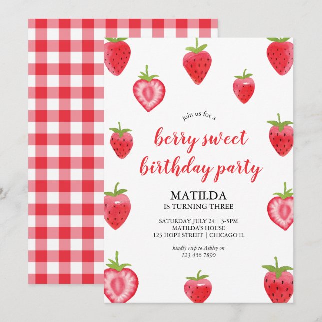 Berry Sweet Strawberry Girl Birthday Invitation (Front/Back)