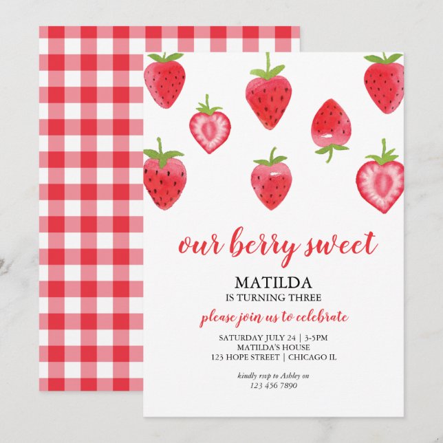 Berry Sweet Strawberry Girl Birthday Invitation (Front/Back)