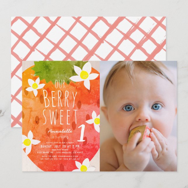 Berry Sweet Strawberry Girl Photo 1st Birthday Invitation (Front/Back)