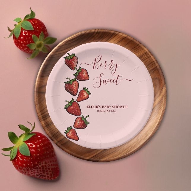 Berry Sweet Strawberry Hearts Baby Shower Paper Plate (Creator Uploaded)