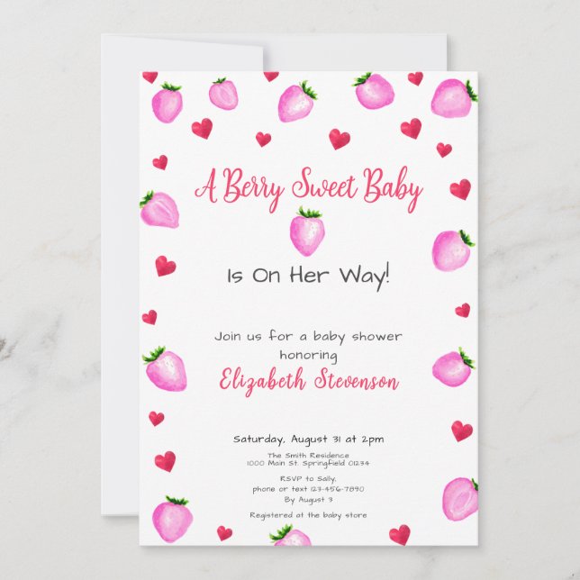 Berry Sweet Strawberry Hearts Girl Baby Shower  Invitation (Front)