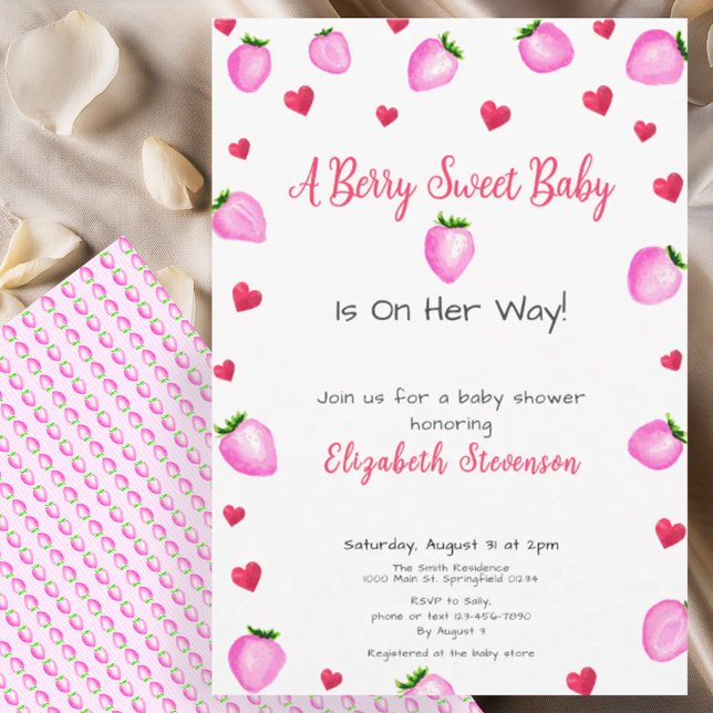 Berry Sweet Strawberry Hearts Girl Baby Shower  Invitation (Creator Uploaded)