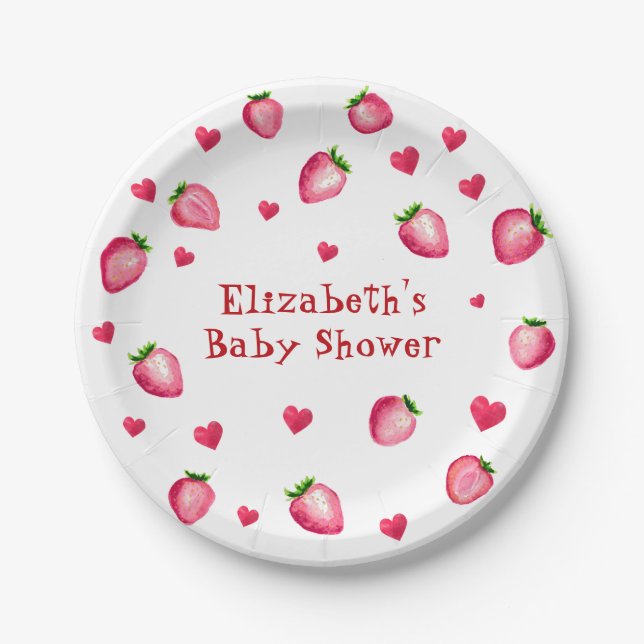 Berry Sweet Strawberry Hearts Unisex Baby Shower Paper Plate (Front)