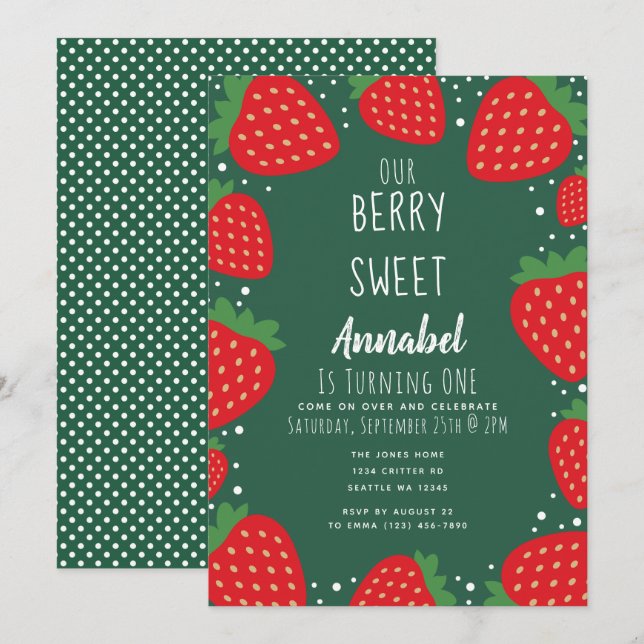 Berry Sweet Strawberry Kids 1st Birthday Invitation (Front/Back)