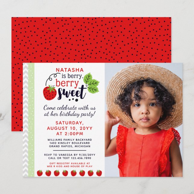 Berry Sweet Strawberry Kids' Birthday Party Invitation (Front/Back)