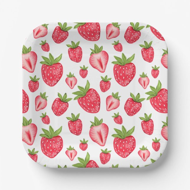 Berry Sweet Strawberry Patten Cute Birthday Paper Plate (Front)
