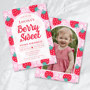 Berry Sweet Strawberry Photo Birthday Party Invitation