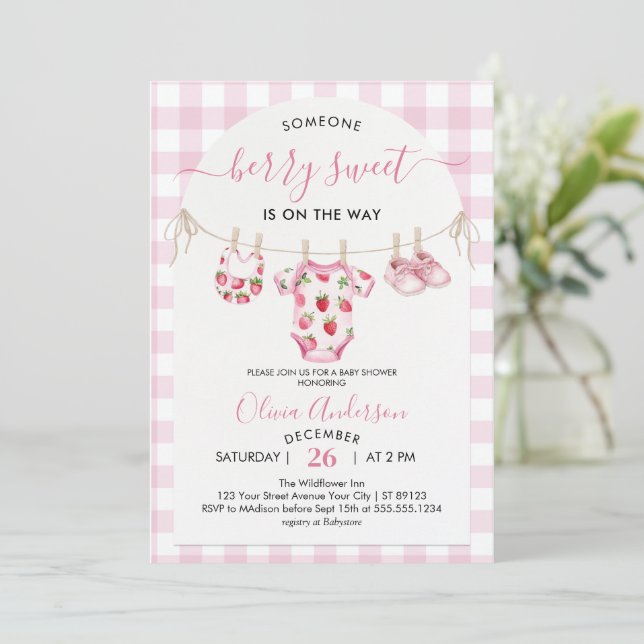Berry Sweet Strawberry Pink Baby Shower Invitation (Standing Front)