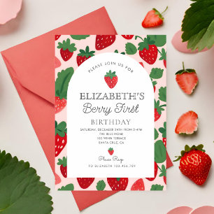 Berry Sweet Strawberry Pink Berry First Birthday Invitation