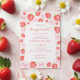 Berry Sweet Strawberry Pink Bow Baby Shower Invitation
