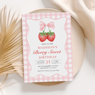 Berry Sweet Strawberry Pink Bow Birthday Invitation