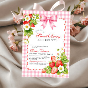Berry Sweet Strawberry Pink Gingham Baby Shower Invitation