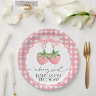 Berry Sweet Strawberry Pink Gingham Baby Shower Paper Plate
