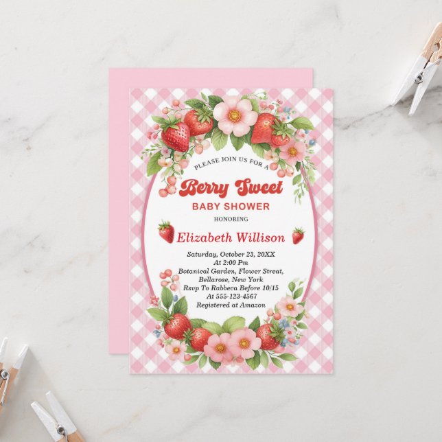 Berry Sweet Strawberry Pink Girl Baby Shower Invitation (Front/Back In Situ)