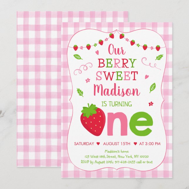 Berry Sweet Strawberry Pink Green First Birthday Invitation (Front/Back)