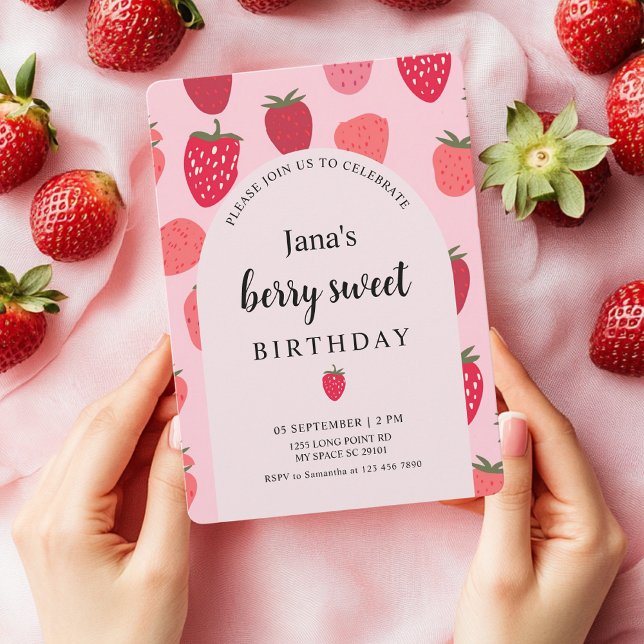 "Berry Sweet" Strawberry Pink & Red Birthday Invitation (Creator Uploaded)