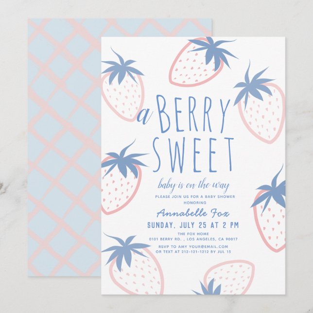 Berry Sweet Strawberry Pink White Baby Shower Invitation (Front/Back)