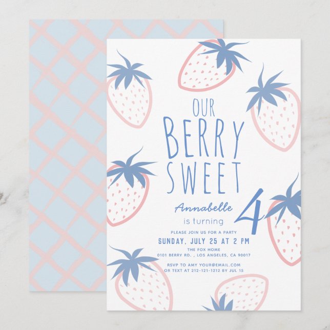 Berry Sweet Strawberry Pink White Birthday Invitation (Front/Back)