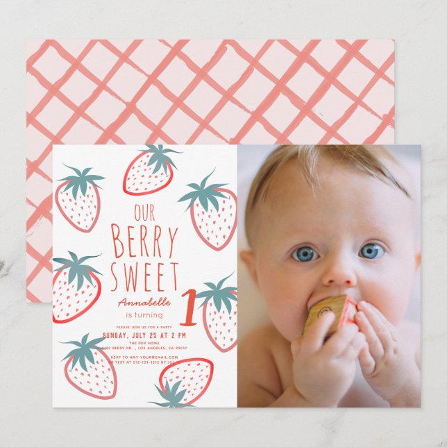 Berry Sweet Strawberry Red 1st Birthday Photo Invitation (Front/Back)