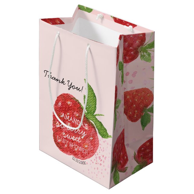 Berry Sweet Strawberry Red Pink Baby Shower Medium Gift Bag (Front Angled)