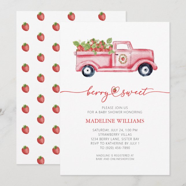 Berry Sweet Strawberry Red Truck Baby Shower  Invitation (Front/Back)