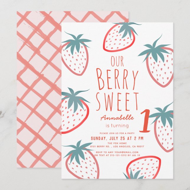 Berry Sweet Strawberry Red White 1st Birthday Invitation (Front/Back)