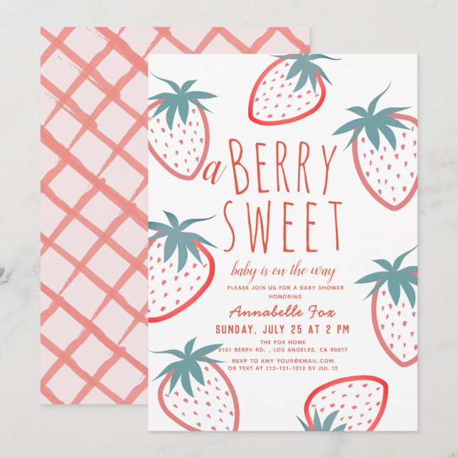 Berry Sweet Strawberry Red White Baby Shower Invitation (Front/Back)