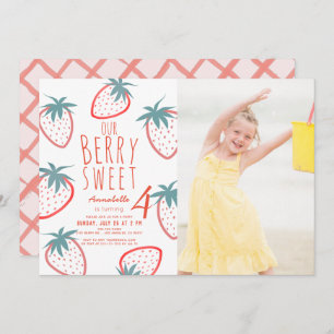 Berry Sweet Strawberry Red White Photo Birthday Invitation
