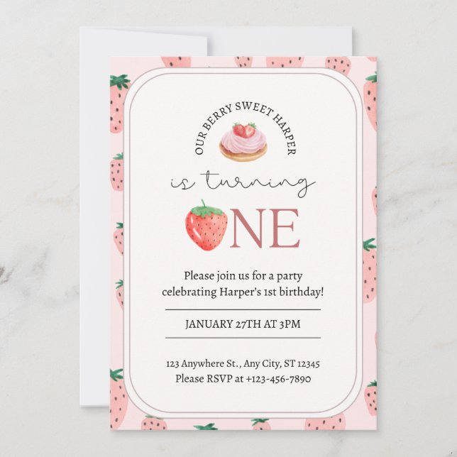 Berry Sweet Strawberry Theme 1st Birthday Invitati Invitation (Front)