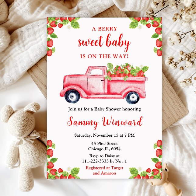Berry Sweet Strawberry Truck Baby Shower Invitation (Creator Uploaded)