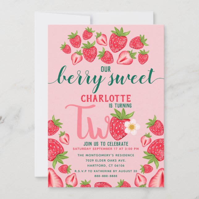 Berry Sweet Strawberry Two Year old Birthday Party Invitation (Front)