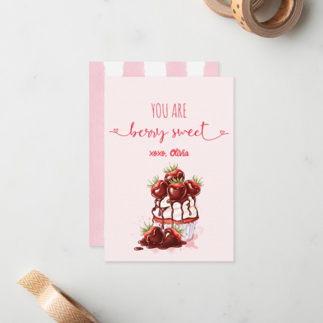 Berry Sweet Stripes Cupcake Whimsy Valentines Day Card (Front/Back In Situ)