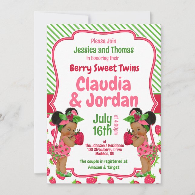 Berry Sweet Twins Strawberry Baby Shower Card (Front)