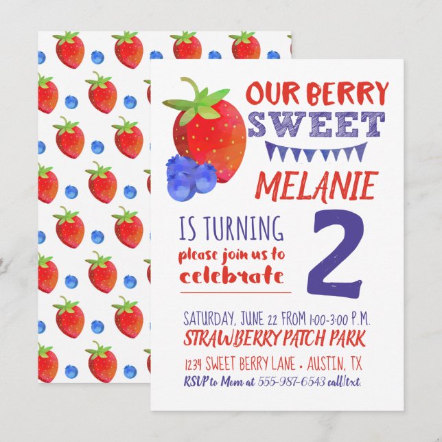Berry Sweet Watercolor Invitation Red White Blue (Front/Back)