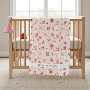 Berry Sweet Watercolor Strawberries Hearts Fleece Blanket