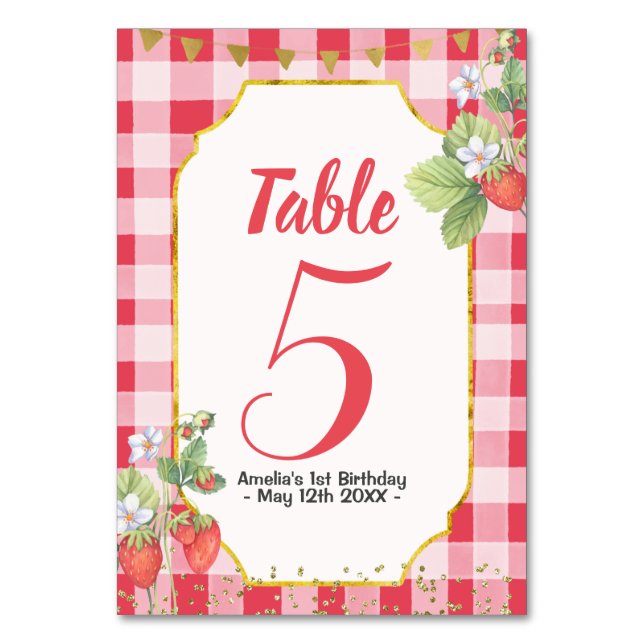 Berry Sweet Watercolor Strawberry 1st Birthday Table Number (Front)