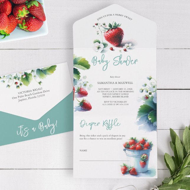 Berry Sweet Watercolor Strawberry Baby Shower All In One Invitation (Strawberry baby shower invitation with detachable diaper raffle card watercolor )