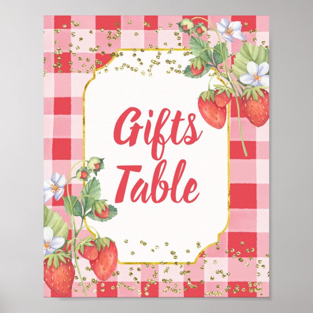 Berry Sweet Watercolor Strawberry Gifts Table Sign (Front)
