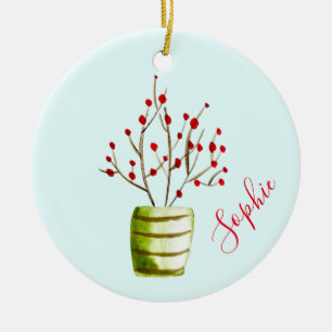 Berry tree watercolor Christmas name Ceramic Tree Decoration