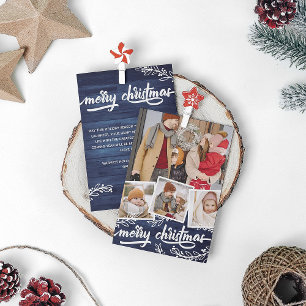 Berry Twig Blue Wood Photo Collage Merry Christmas Holiday Card