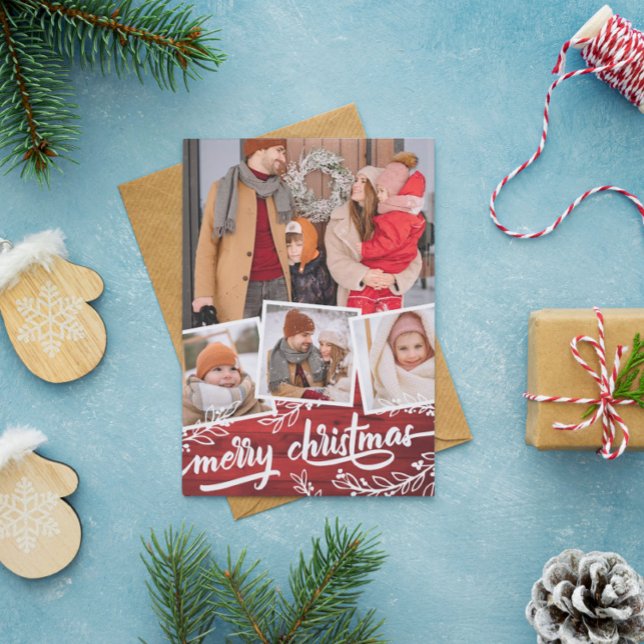Berry Twig Red Wood Photo Collage Merry Christmas Holiday Card (Creator Uploaded)