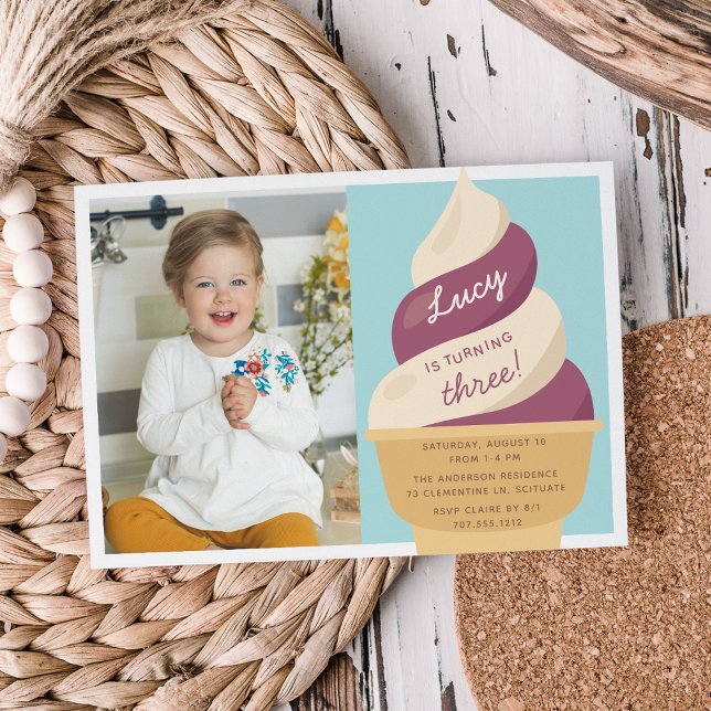 Berry Vanilla Ice Cream Kids Birthday Party Photo Invitation (Creator Uploaded)